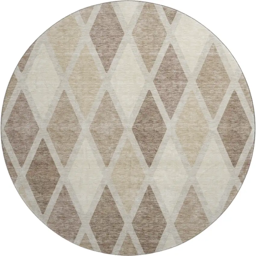 8' Taupe Beige And Ivory Geometric Washable Round Rug With UV Protection Photo 1
