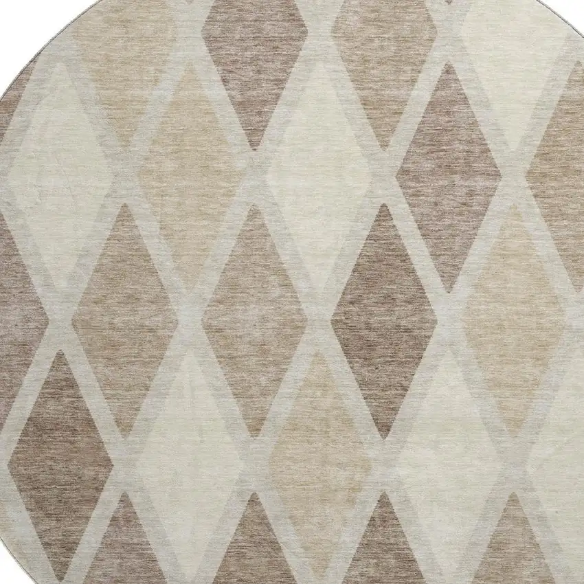 8' Taupe Beige And Ivory Geometric Washable Round Rug With UV Protection Photo 3