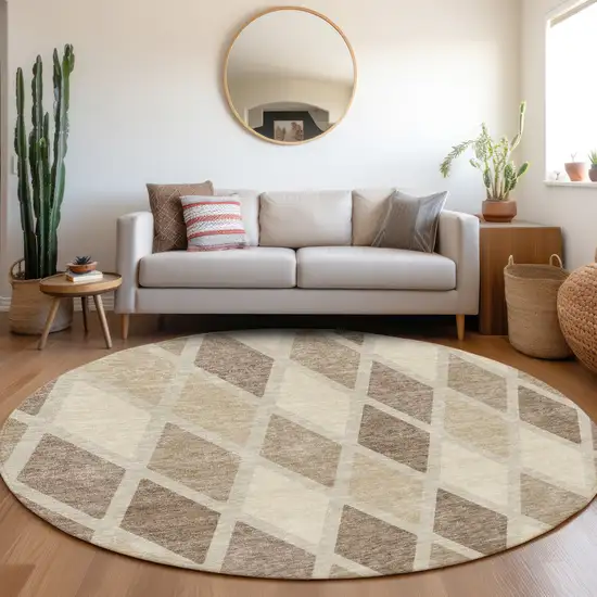8' Taupe Beige And Ivory Geometric Washable Round Rug With UV Protection Photo 5