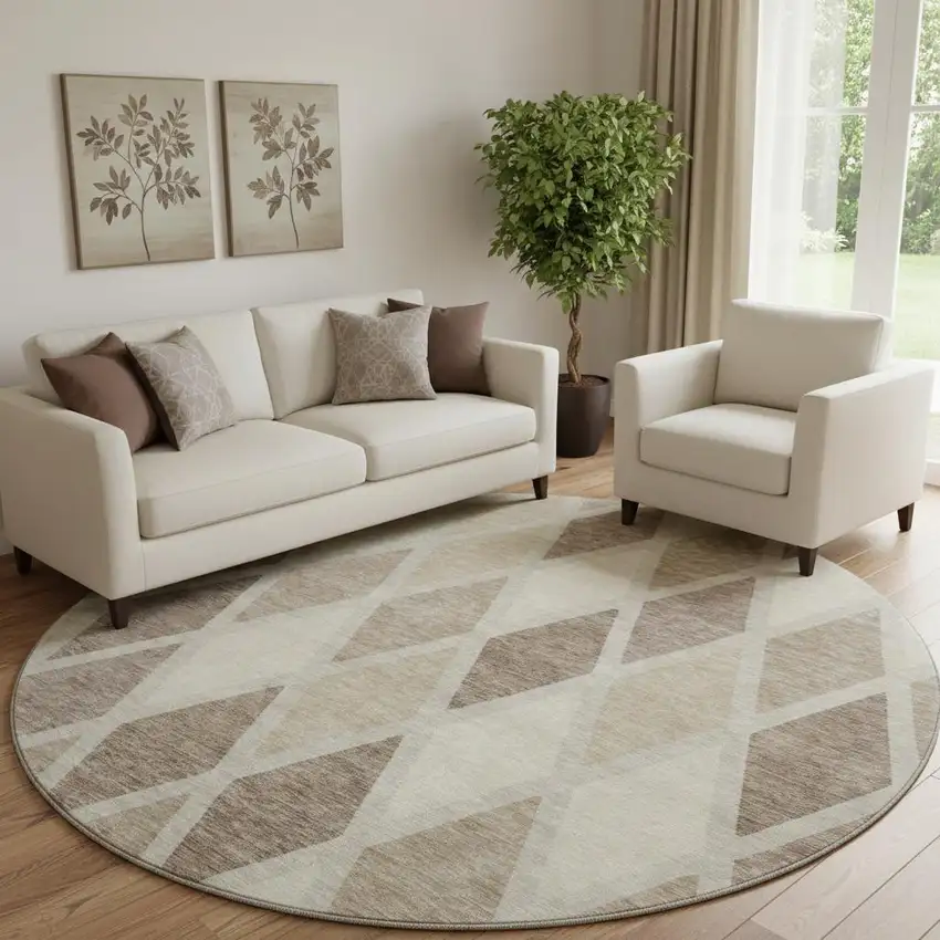 8' Taupe Beige And Ivory Geometric Washable Round Rug With UV Protection Photo 1
