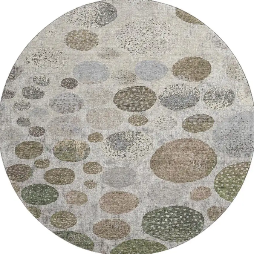 8' Taupe Beige And Ivory Geometric Washable Round Rug With UV Protection Photo 4