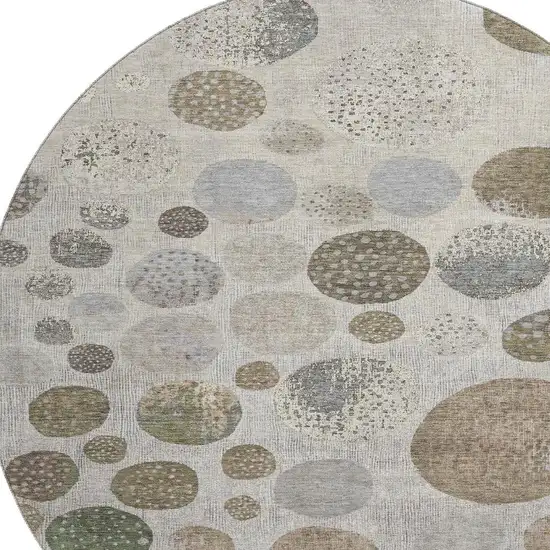 8' Taupe Beige And Ivory Geometric Washable Round Rug With UV Protection Photo 3