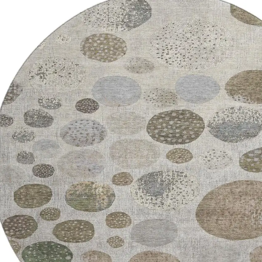 8' Taupe Beige And Ivory Geometric Washable Round Rug With UV Protection Photo 3
