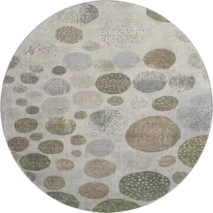 Photo of 8' Taupe Beige And Ivory Geometric Washable Round Rug With UV Protection