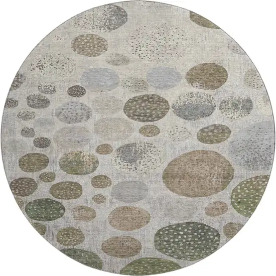 8' Taupe Beige And Ivory Geometric Washable Round Rug With UV Protection Photo 1