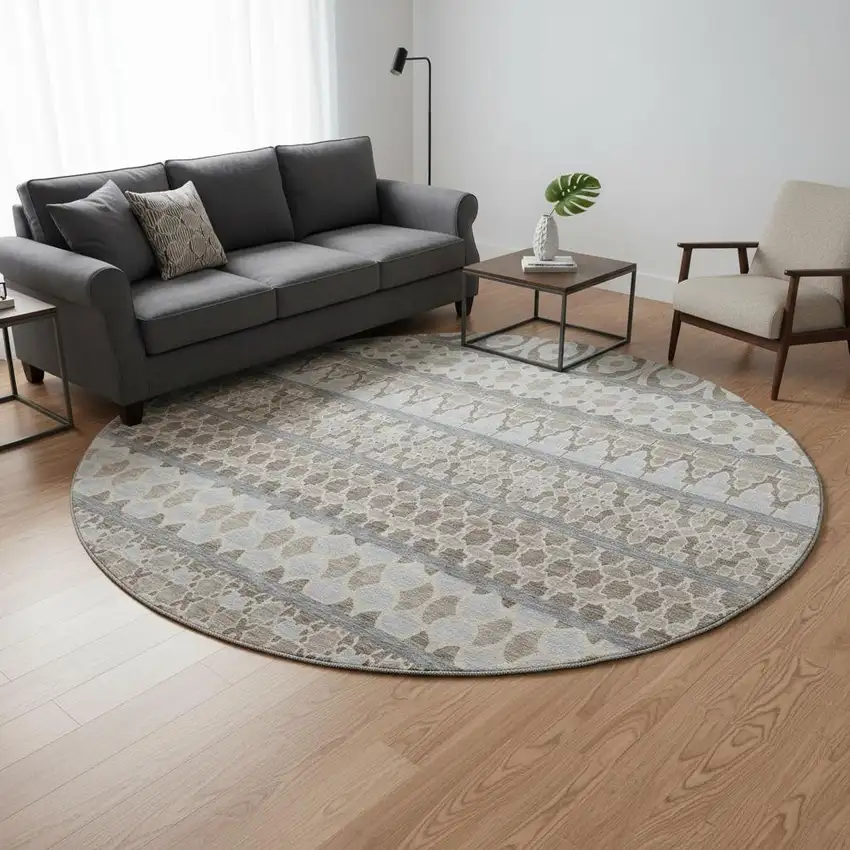 8' Taupe Beige And Ivory Ikat Washable Round Rug With UV Protection Photo 2