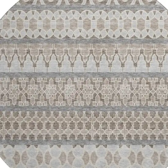 8' Taupe Beige And Ivory Ikat Washable Round Rug With UV Protection Photo 3