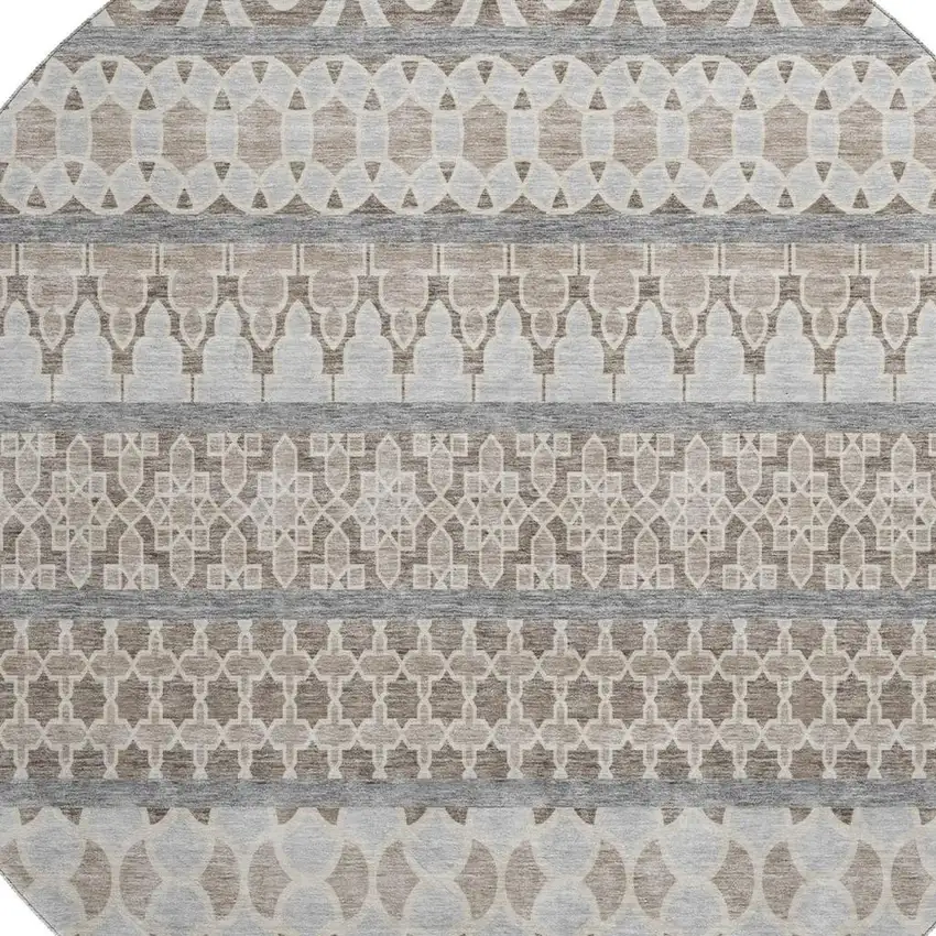 8' Taupe Beige And Ivory Ikat Washable Round Rug With UV Protection Photo 3