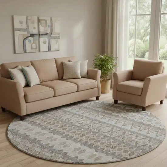 8' Taupe Beige And Ivory Ikat Washable Round Rug With UV Protection Photo 1