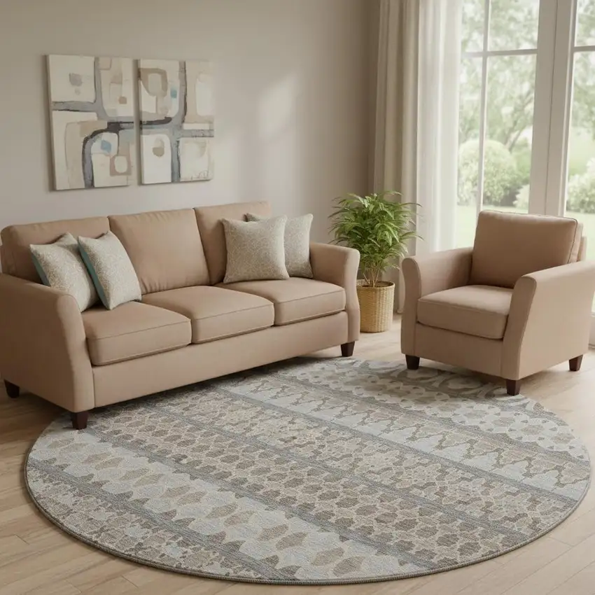 8' Taupe Beige And Ivory Ikat Washable Round Rug With UV Protection Photo 1