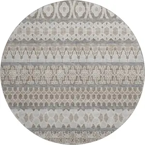Photo of 8' Taupe Beige And Ivory Ikat Washable Round Rug With UV Protection