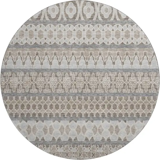 8' Taupe Beige And Ivory Ikat Washable Round Rug With UV Protection Photo 1