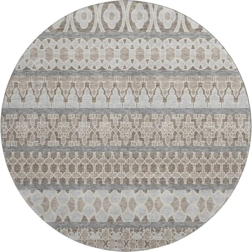 8' Taupe Beige And Ivory Ikat Washable Round Rug With UV Protection Photo 1