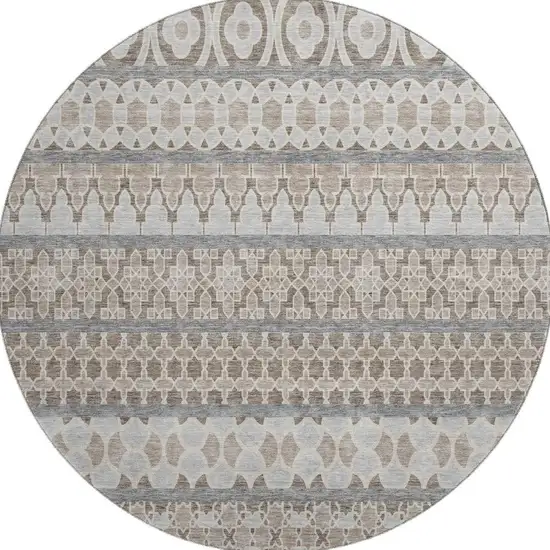 8' Taupe Beige And Ivory Ikat Washable Round Rug With UV Protection Photo 4
