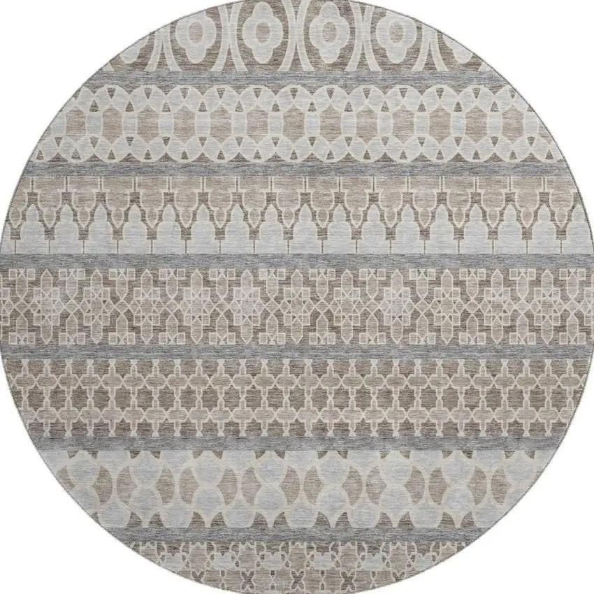 8' Taupe Beige And Ivory Ikat Washable Round Rug With UV Protection Photo 4