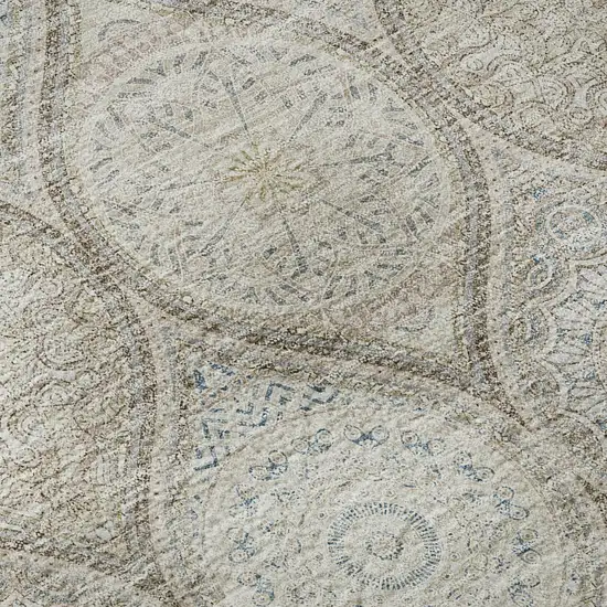 8' Taupe Beige And Ivory Ogee Washable Round Rug With UV Protection Photo 8
