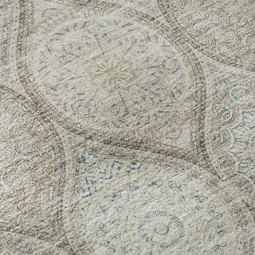 8' Taupe Beige And Ivory Ogee Washable Round Rug With UV Protection Photo 8