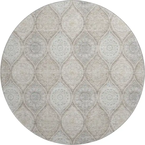 8' Taupe Beige And Ivory Ogee Washable Round Rug With UV Protection Photo 1