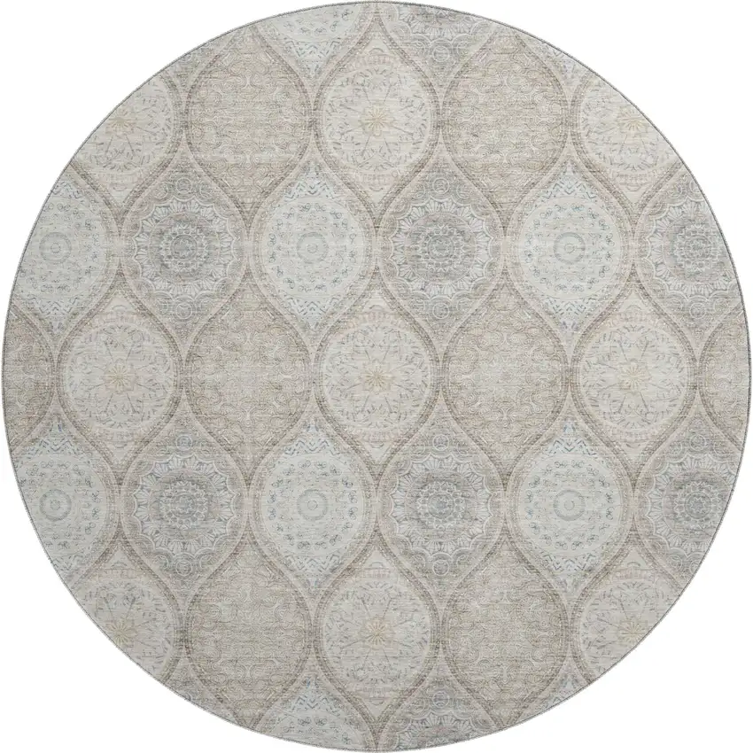 8' Taupe Beige And Ivory Ogee Washable Round Rug With UV Protection Photo 1