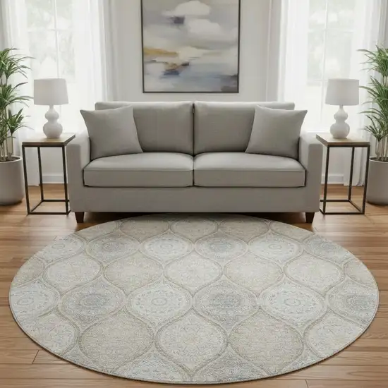 8' Taupe Beige And Ivory Ogee Washable Round Rug With UV Protection Photo 2