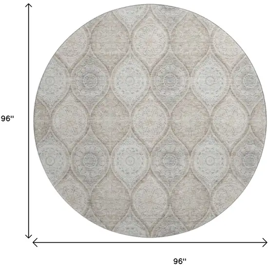 8' Taupe Beige And Ivory Ogee Washable Round Rug With UV Protection Photo 9