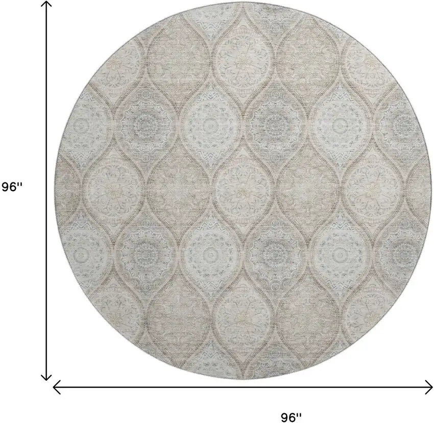 8' Taupe Beige And Ivory Ogee Washable Round Rug With UV Protection Photo 9