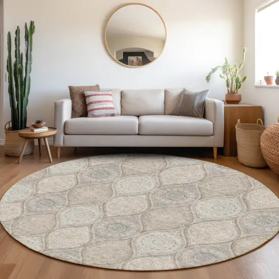 8' Taupe Beige And Ivory Ogee Washable Round Rug With UV Protection Photo 4