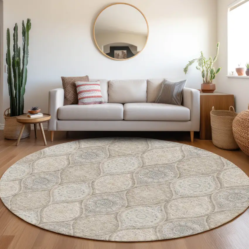 8' Taupe Beige And Ivory Ogee Washable Round Rug With UV Protection Photo 4