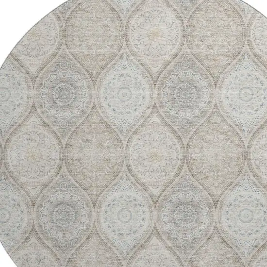 8' Taupe Beige And Ivory Ogee Washable Round Rug With UV Protection Photo 3