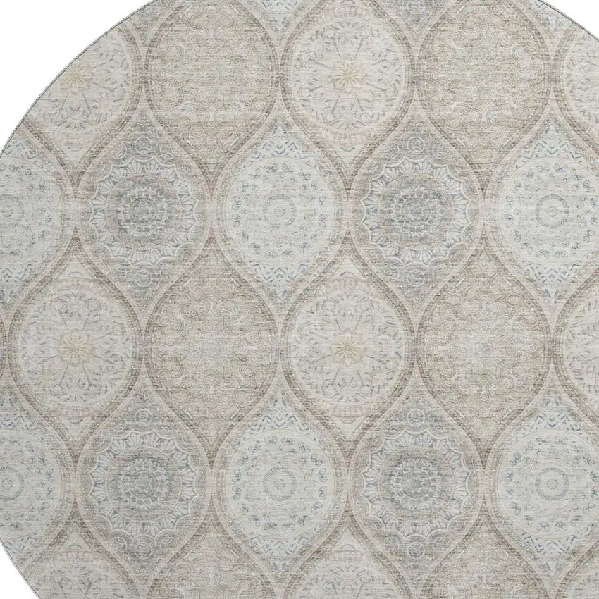 8' Taupe Beige And Ivory Ogee Washable Round Rug With UV Protection Photo 3