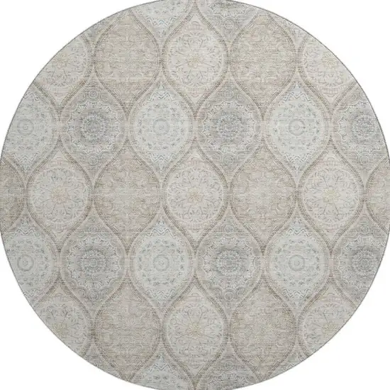 8' Taupe Beige And Ivory Ogee Washable Round Rug With UV Protection Photo 3