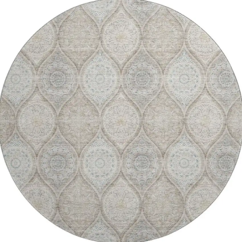 8' Taupe Beige And Ivory Ogee Washable Round Rug With UV Protection Photo 3