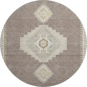Photo of 8' Taupe Beige And Ivory Oriental Washable Round Rug With UV Protection