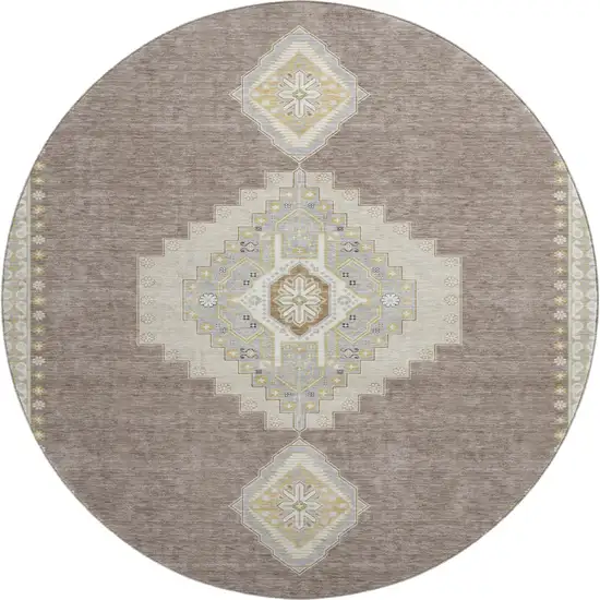 8' Taupe Beige And Ivory Oriental Washable Round Rug With UV Protection Photo 1