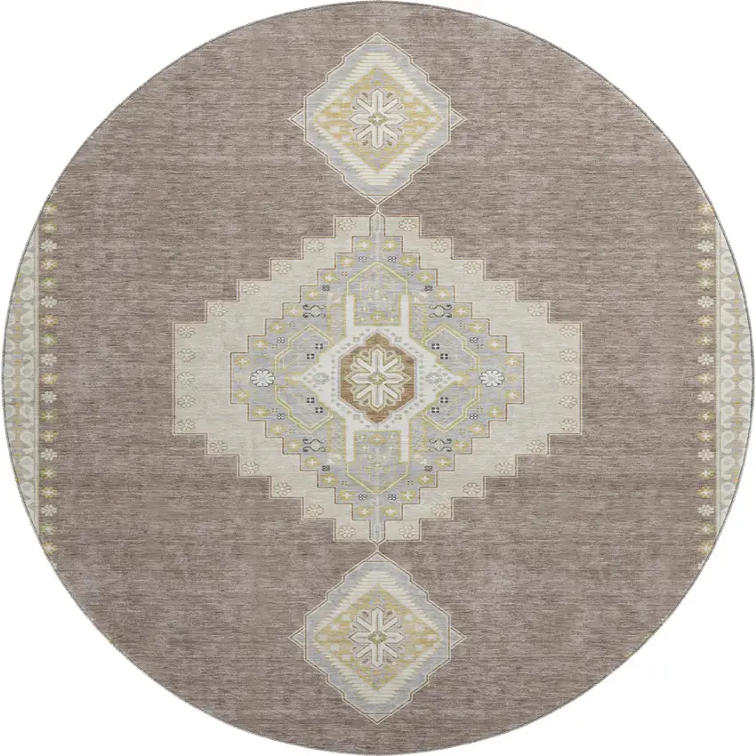 8' Taupe Beige And Ivory Oriental Washable Round Rug With UV Protection Photo 1