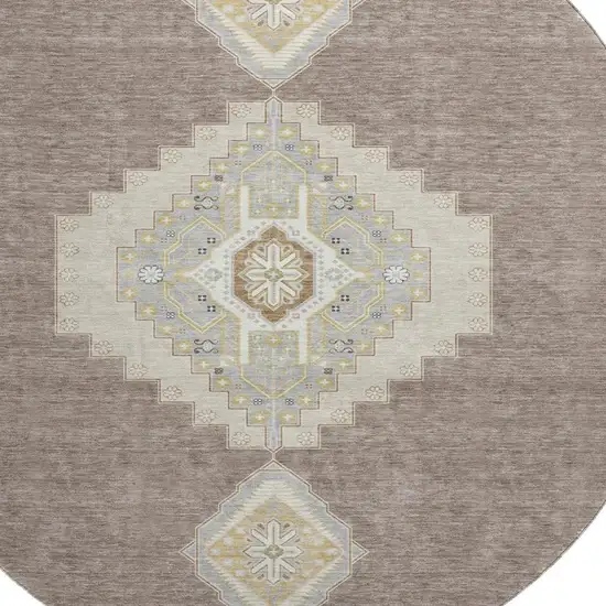 8' Taupe Beige And Ivory Oriental Washable Round Rug With UV Protection Photo 2