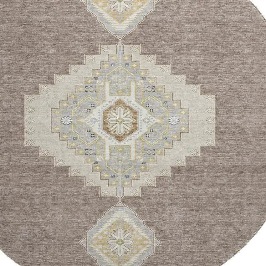 8' Taupe Beige And Ivory Oriental Washable Round Rug With UV Protection Photo 2