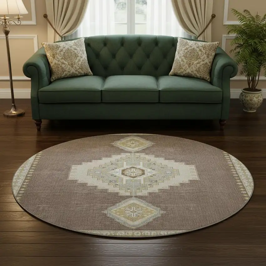 8' Taupe Beige And Ivory Oriental Washable Round Rug With UV Protection Photo 2