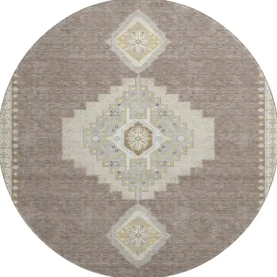 8' Taupe Beige And Ivory Oriental Washable Round Rug With UV Protection Photo 3