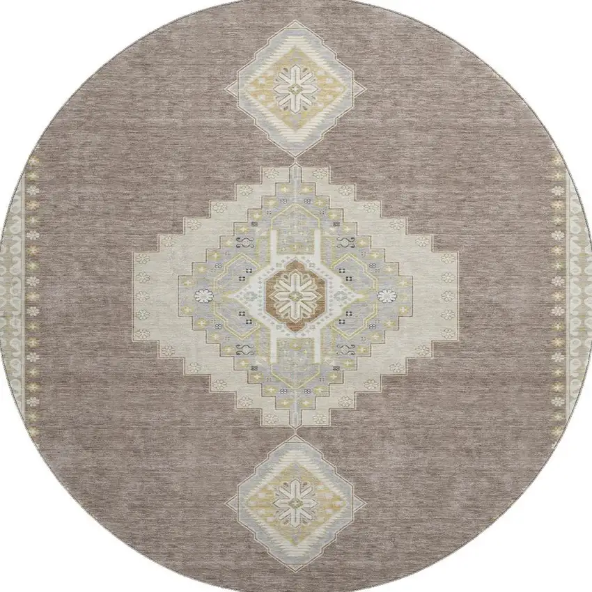 8' Taupe Beige And Ivory Oriental Washable Round Rug With UV Protection Photo 3