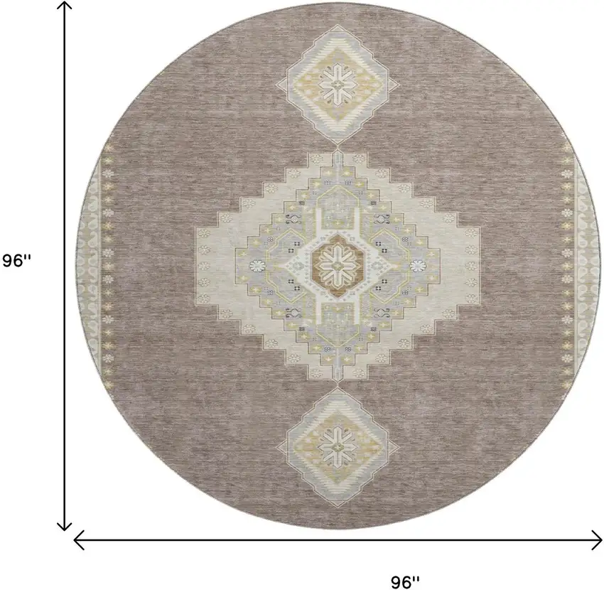 8' Taupe Beige And Ivory Oriental Washable Round Rug With UV Protection Photo 9