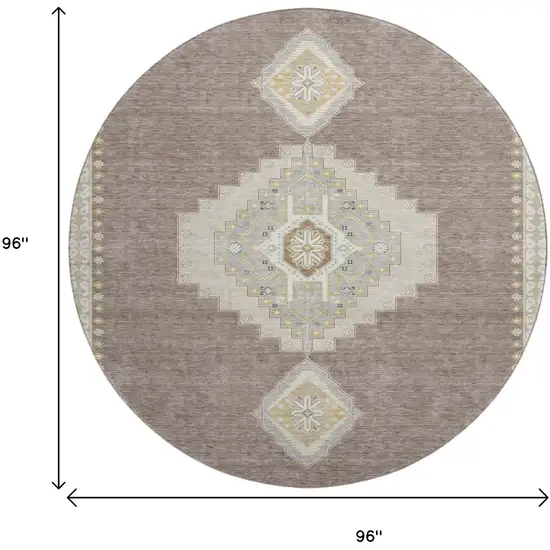 8' Taupe Beige And Ivory Oriental Washable Round Rug With UV Protection Photo 9