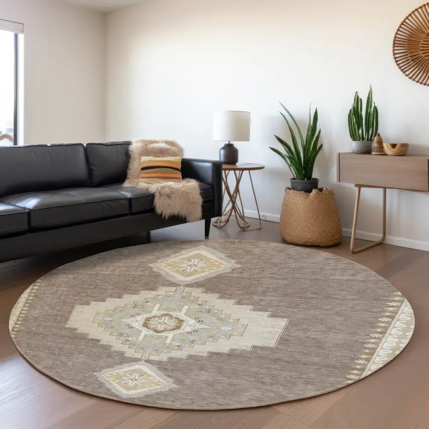 8' Taupe Beige And Ivory Oriental Washable Round Rug With UV Protection Photo 4