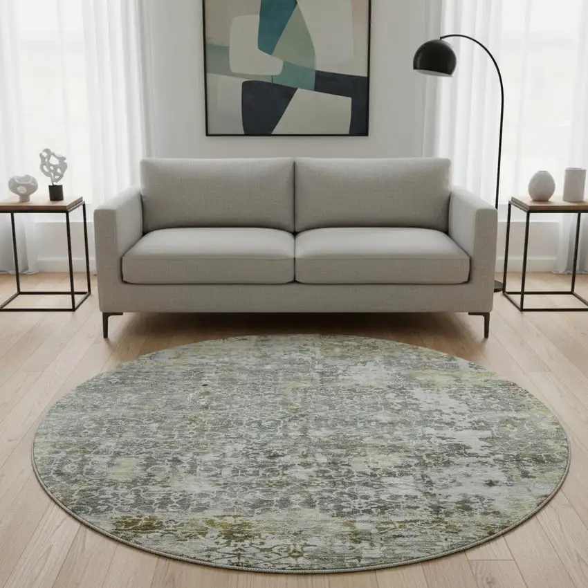 8' Taupe Beige And Ivory Oriental Washable Round Rug With UV Protection Photo 2