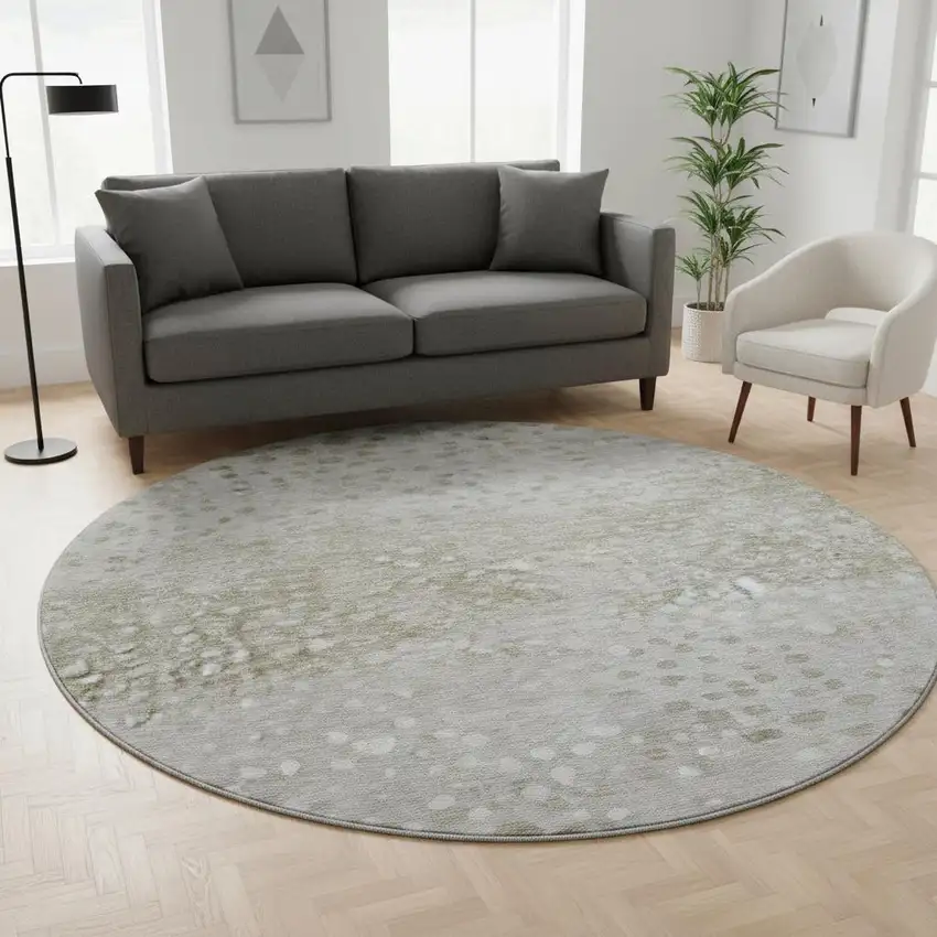 8' Taupe Beige And Ivory Polka Dot Washable Round Rug With UV Protection Photo 2