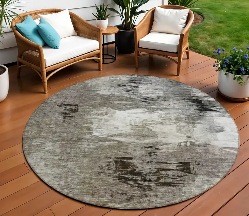 8' Taupe Beige And Ivory Round Abstract Washable Indoor Outdoor Area Rug Photo 1