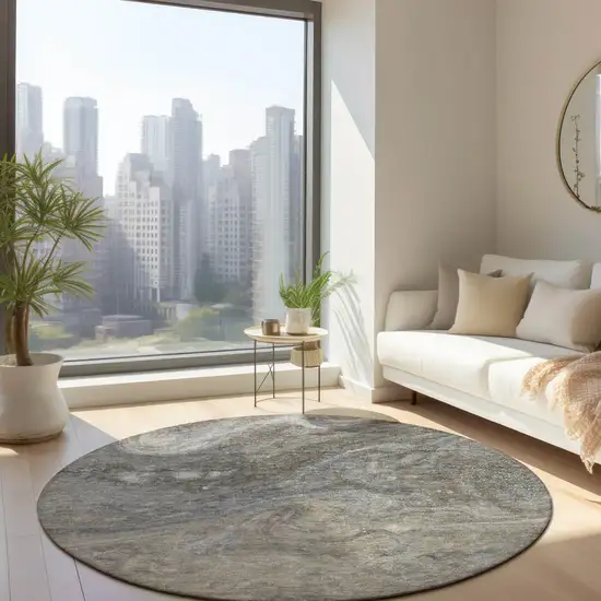 8' Taupe Beige And Ivory Round Abstract Washable Indoor Outdoor Area Rug Photo 9