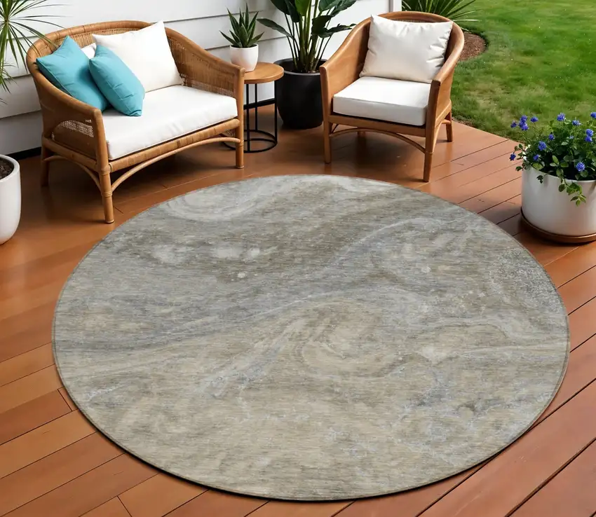 8' Taupe Beige And Ivory Round Abstract Washable Indoor Outdoor Area Rug Photo 1