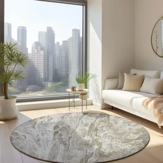 8' Taupe Beige And Ivory Round Abstract Washable Indoor Outdoor Area Rug Photo 7