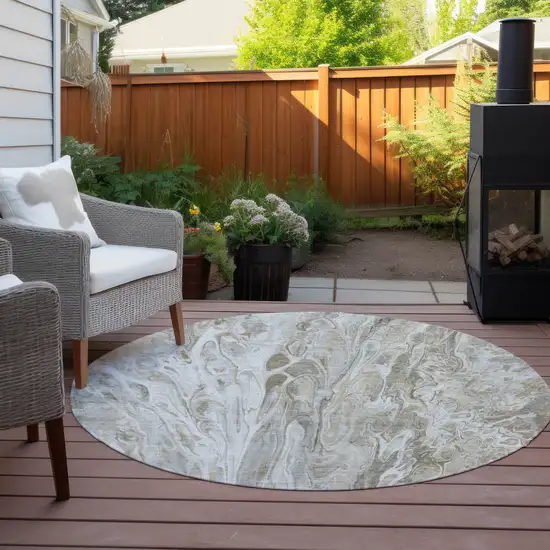 8' Taupe Beige And Ivory Round Abstract Washable Indoor Outdoor Area Rug Photo 6